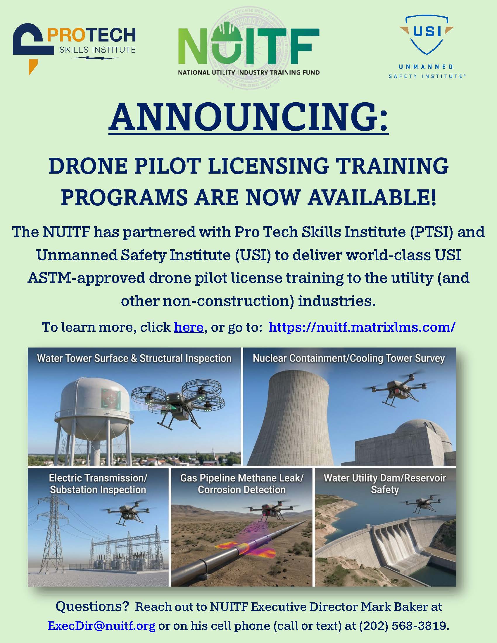 Announcing: Drone Pilot Licensing Training Programs Are Now Available NUITF Drone Pilot Program flyer, page 1